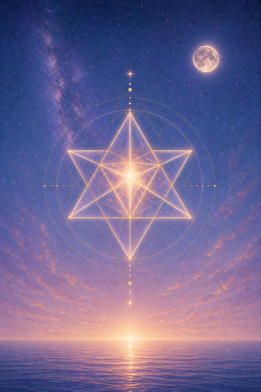 A luminous Merkabah of light hovering over a moonlit ocean at dusk, a full moon rising in the sky above
